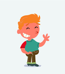 cartoon character of little boy on jeans waving informally while laughing