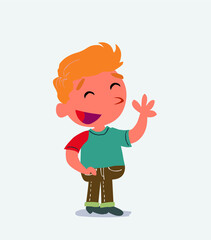 cartoon character of little boy on jeans waving informally while smiling