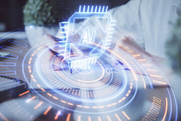 Double exposure of woman's hands on background with technology and digital coding icons. Data development concept. Close up.