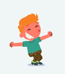 Euphoric little boy on jeans in funny cartoon character.
