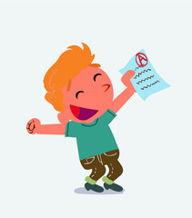 euphoric cartoon character of little boy on jeans raises his arms with exam in hand