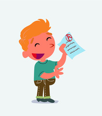 happy cartoon character of little boy on jeans explaining something with exam in hand