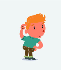  funny cartoon character of little boy on jeans doubting