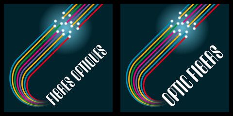 2 logos technologiques ( un en français et le deuxième en anglais) pour la fibre optique avec un graphisme et une typographie originale et moderne - traduction : fibres optiques.