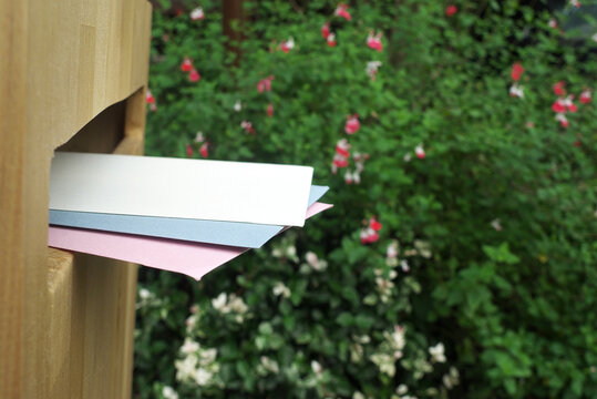 庭の木製のポストに投函された手紙