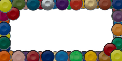 Abstract close up of set of plenty multicolored watercolors in round containers in diverse sizes laid out as isolated frame on white background.Selective focus, horizontal banner, large copy space.