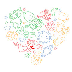 Kindergarten, toys vector pattern. Little children creativity and imagination. Online education, educational games.