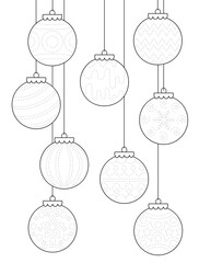 Trace and color Christmas ornaments worksheet. Handwriting practice for kids. Christmas balls on white background