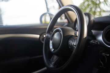 The steering wheel in the car. Torpedo in the car