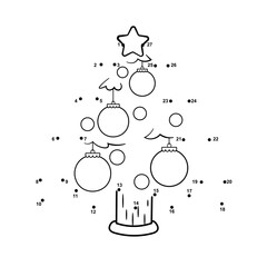 Winter Dot to Dot Christmas tree for kids. Black and white illustration isolated on white background