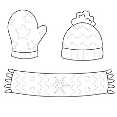 Trace and color hat, mitten and scarf. Handwriting practice for kids. Set of winter clothes, isolated on white background
