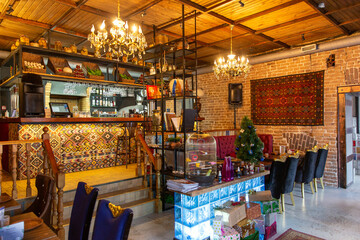 Interior of cozy georgian restaurant. Bar counter
