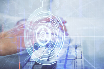 Multi exposure of tech drawings with man working on computer background. Concept of innovation.