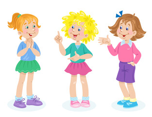 Children and emotions. Three cute girlfriends are talking. In cartoon style. Isolated on white background. Vector flat illustration.