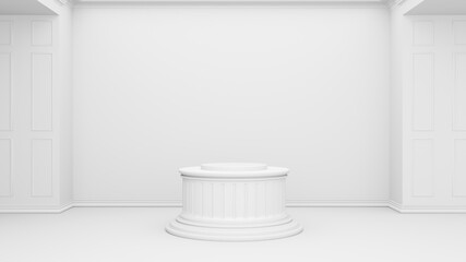 Podium stand in the room. Empty room inside interior, realistic 3d illustration. Abstract white room, empty wall. Realistic white light in the room. Beautiful background for your product. 3D Render