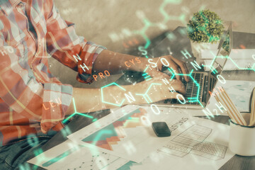 Science formula hologram with man working on computer on background. Education concept. Double exposure.