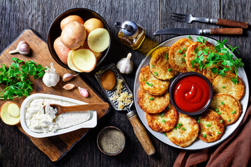 Potato pancakes with cottage cheese on a plate