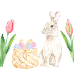 Funny Easter bunny with a basket of eggs. Perfect for printing, textile, web design, souvenirs, photo albums, scrapbooking and other creative ideas.