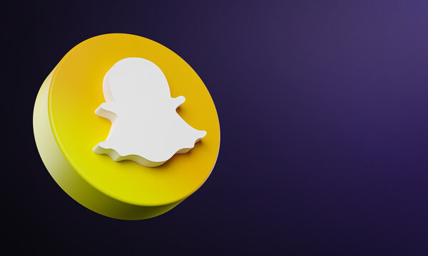 Snapchat Circle Button Icon 3D on Dark Bakcgorund. Elegant Template Blank Space