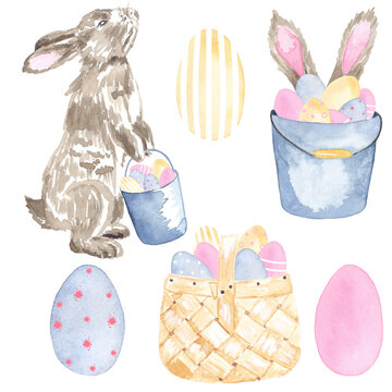 Watercolor easter set of eggs and easter bunnies. Perfect for printing, textile, web design, souvenirs, photo albums, scrapbooking and other creative projects.