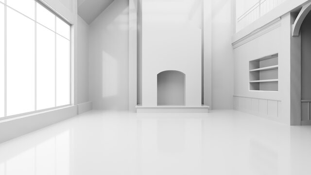 Room with fireplace. Empty room inside interior, realistic 3d illustration. Abstract white room, empty wall. Realistic white light in the room. Beautiful background for your product. 3D Render