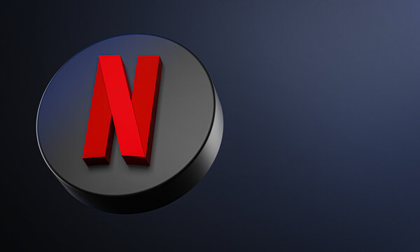 Netflix Circle Button Icon 3D on Dark Bakcgorund. Elegant Template Blank Space
