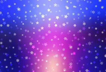 Light Blue, Red vector background with xmas snowflakes, stars.