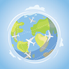 Planes along a trajectory around the world flat vector design illustration