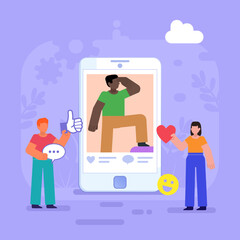 Like, comment, activity in social media. People stand near big mobile phone with social media icons in hands. Modern vector illustration