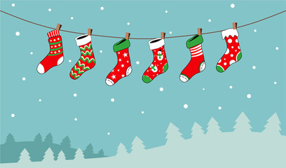 Set of Christmas socks background. Various Christmas socks hanging on a rope. Cartoon Christmas socks on winter snow background flat illustration. Christmas card. 