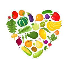 Vector banner template heart shaped with cartoon vegetables and fruits.