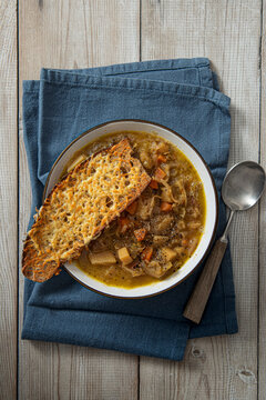 Onion And Vegetable Soup With Toasted Cheese Sourdough Bread