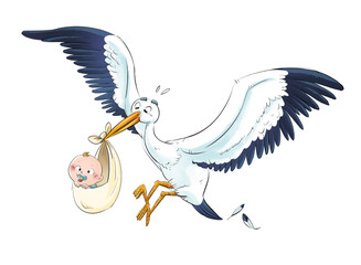 Funny stork carrying a baby