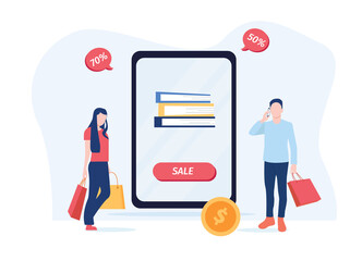 A man and a woman are shopping in the online store, discounts, sales. Online shopping. Vector flat illustration.