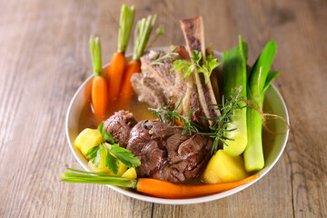 pot au feu- beef stew with broth and vegetable