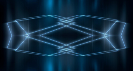 Abstract futuristic neon background, light tunnel, blue neon shapes on a dark background. Night view, space background, cyber reality.