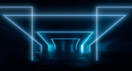 Abstract futuristic neon background, light tunnel, blue neon shapes on a dark background. Night view, space background, cyber reality.