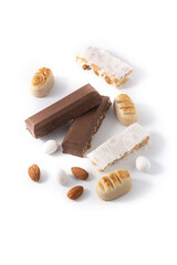 Assortment of Christmas nougat and marzipan isolated on white background