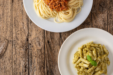 Penne pasta and spaghetti with bolognese sauce dishes