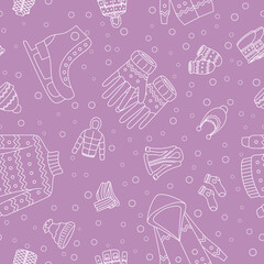 Winter clothing - Vector background (seamless pattern) of scarf, cap, jacket, sweater, coat, mitten, and other clothes for graphic design