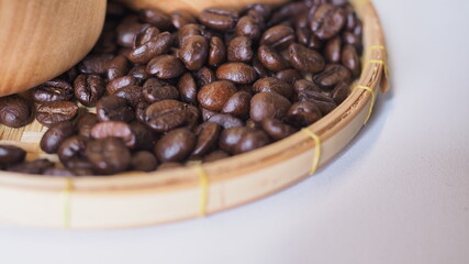 Close up of roasted coffee beans in 