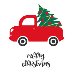 Vintage pickup, truck with Christmas tree. Vector illustration. - 395518955