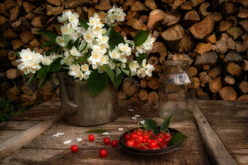 Composition from vintage items on the background of firewood. Jasmine flowers in a teapot, a glass jar and cherry berries are located on a wooden table. Selective sharpness, background blur.