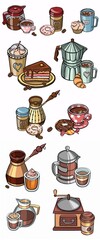 set cozy coffee shop elements clipart, isolated, color, design, print, stickers, icon. Vector illustration