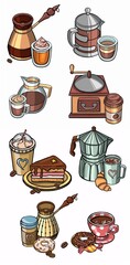 Illustration in hand drawing style, coffee Set. Collection of Doodle elements on white background. Tea spoon, cezve, coffee grinder, beans and spices, cup takeaway, cupcake . Vector illustration