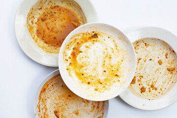 Dirty dishes on white background. Top view