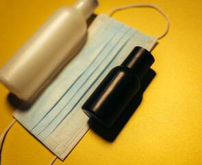 Protective medical mask, gloves and sanitizer disinfecting gel. protective measures against virus, bacteria