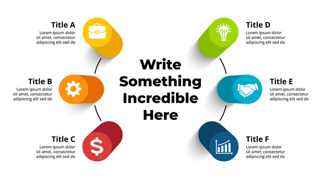 3D Vector Perspective Infographic. Presentation slide template. 6 step options with arrows. Circle diagram concept. Colorful creative info graphic design.