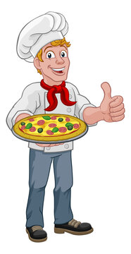 A chef cook man cartoon character giving a thumbs up hand sign and holding a pizza.
