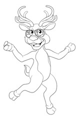 Cool Christmas Santas reindeer cartoon character in sunglasses dancing or running along. In black and white outline like a coloring book page.